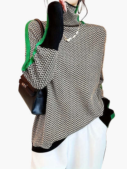 Damen Pullover mit Stehkragen und modernem Zickzackmuster – Eleganter Strickpulli für Herbst & Winter