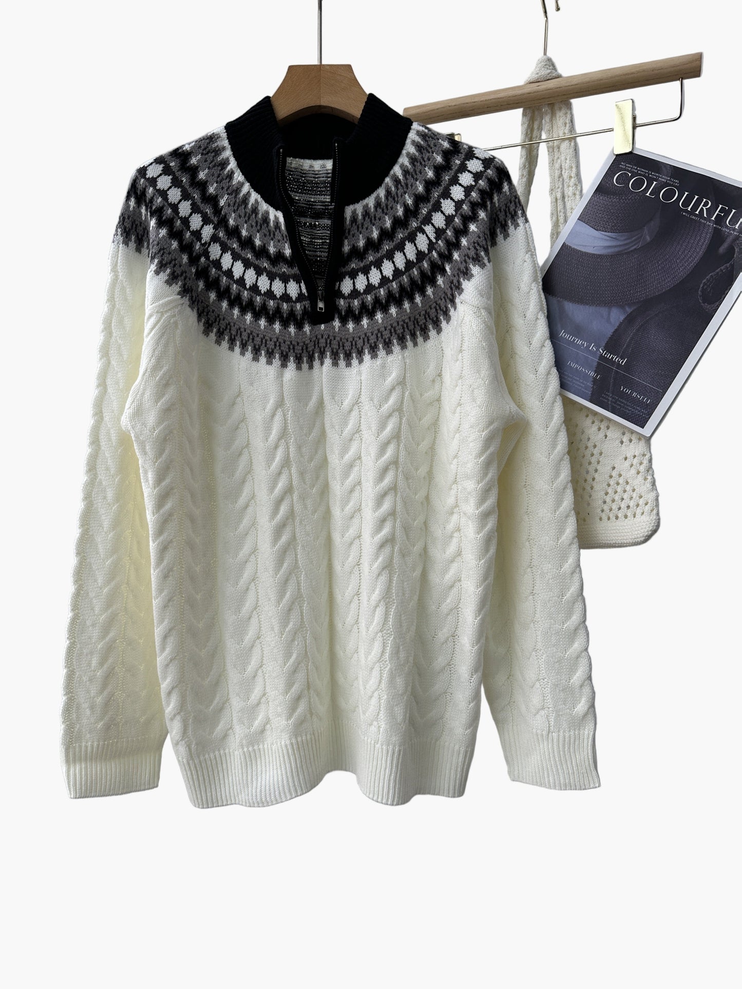 Men's sweater in Norwegian style with cable knit pattern and stand-up collar – Casual winter knit sweater with quarter zipper