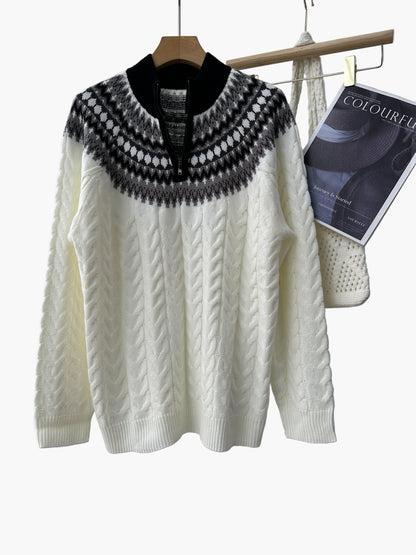 Men's sweater in Norwegian style with cable knit pattern and stand-up collar – Casual winter knit sweater with quarter zipper