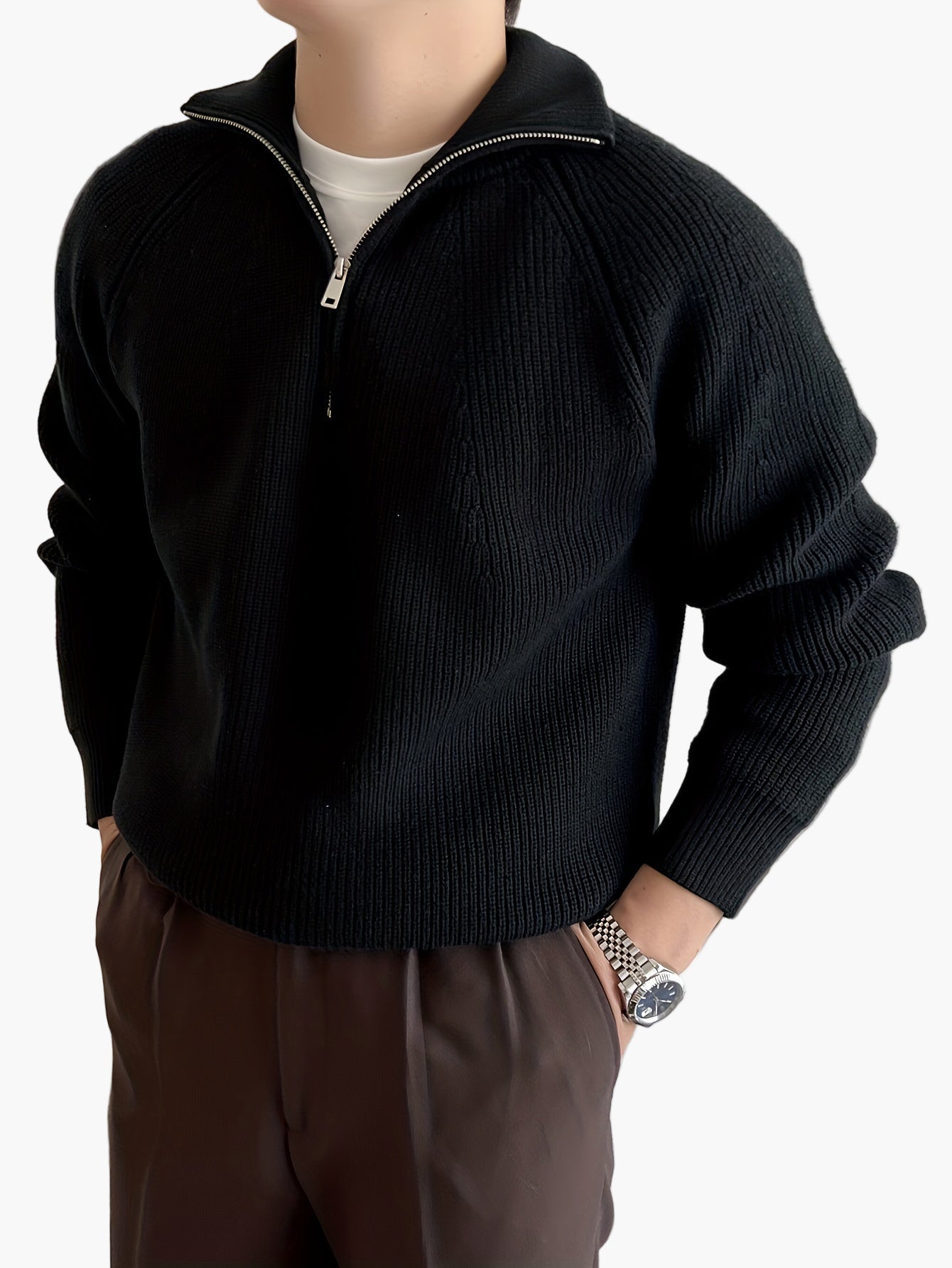 Men's knitted sweater with zipper and stand-up collar – modern casual design for autumn and winter