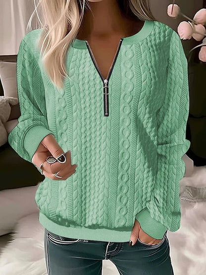Shirley – Langärmliges Damen-T-Shirt mit V-Ausschnitt und Reißverschluss in soliden Farben