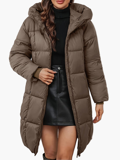 Women's winter quilted coat with hood, fashionable long parka for everyday and outdoor use