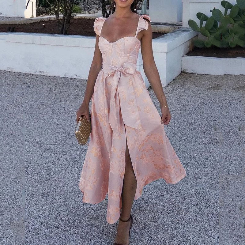 Sue – Modisches Blumendruck Französisches Retro Taillen-Trägerkleid