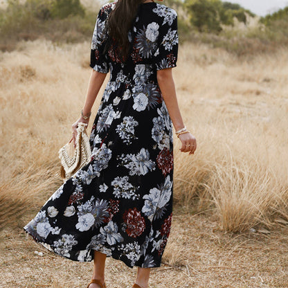 Sandra – Floral Sommer Strandkleid mit V-Ausschnitt und elastischem Bund