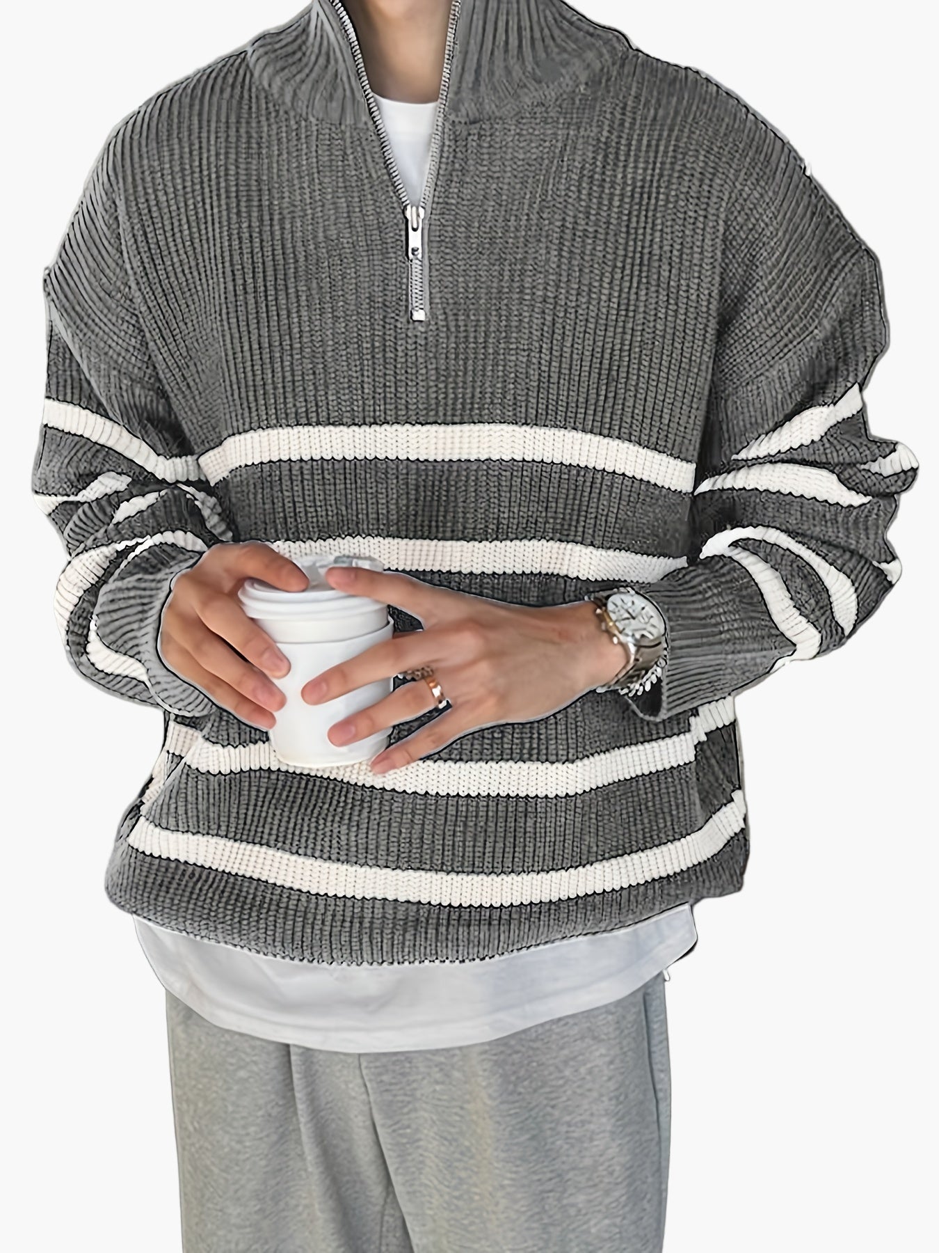 Herren Strickpullover mit Reißverschluss, gestreifter Casual Look für Herbst und Winter