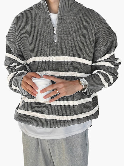 Herren Strickpullover mit Reißverschluss, gestreifter Casual Look für Herbst und Winter