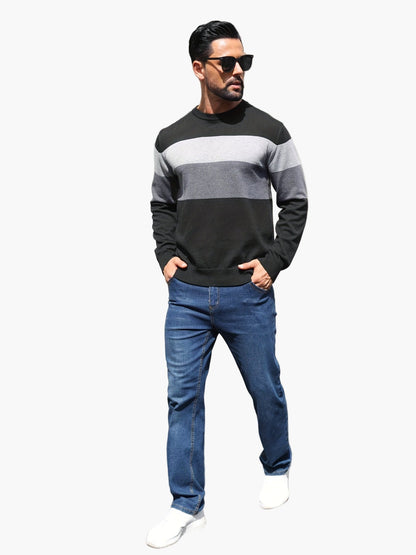 Men's Sweater with Block Stripes and Crew Neck – Modern Casual Look for Autumn and Winter