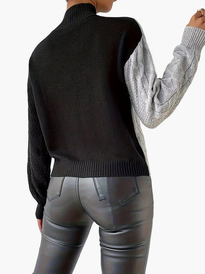 Damen Pullover im Patchwork-Design mit hohem Kragen – Eleganter Strickpullover für Alltag und Büro