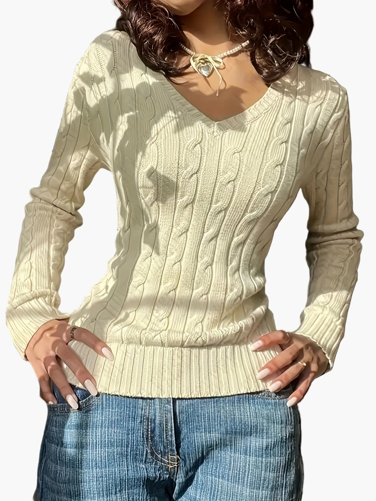 Damen Strickpullover mit Zopfmuster und V-Ausschnitt – Modischer Freizeitpullover für Alltag und Büro