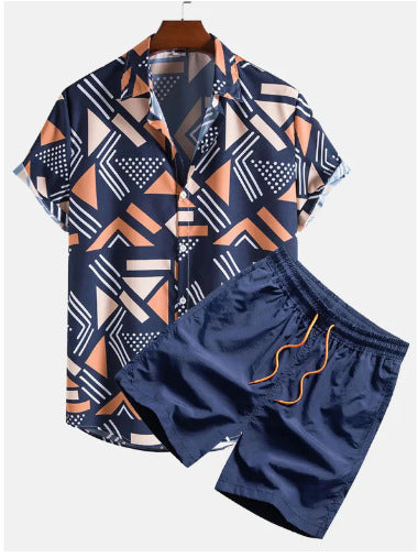 Herren Sommer Freizeit Zweiteiler mit Abstraktem Print – Modisches Kurzarmhemd & Shorts Set für Urlaub und Alltag
