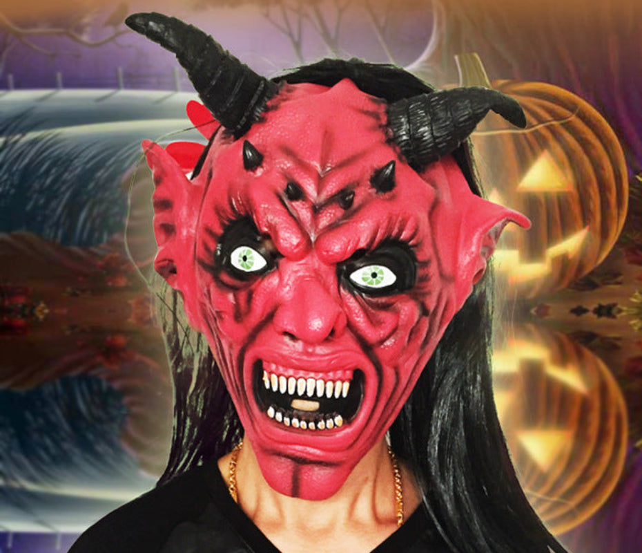 Halloween latex demon mask with horns for adults – creepy costume for party & dress-up