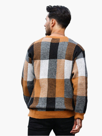 Men's Plaid Knit Sweater in Casual Style for Autumn and Winter