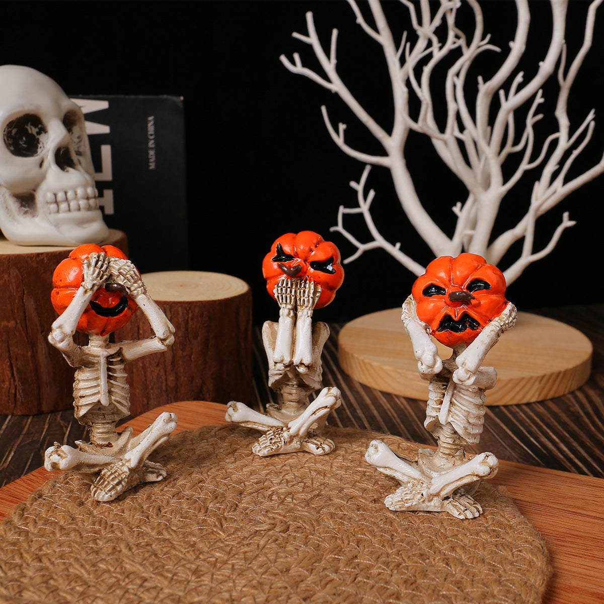 Halloween Decoration Set – Pumpkin Head Skeleton Figures 3-Piece Set for Spooky Party Atmosphere