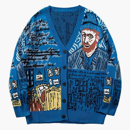 Men's knitted cardigan in art style with Van Gogh motif – Casual cardigan for autumn and winter