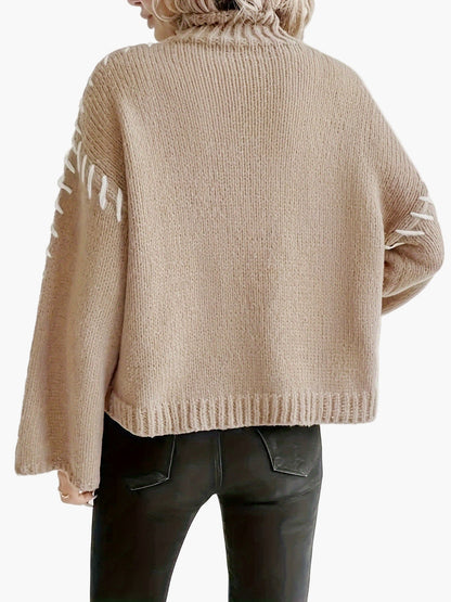 Damen Pullover mit weitem Ärmel und Ziernaht – Eleganter Strickpullover für Herbst und Winter