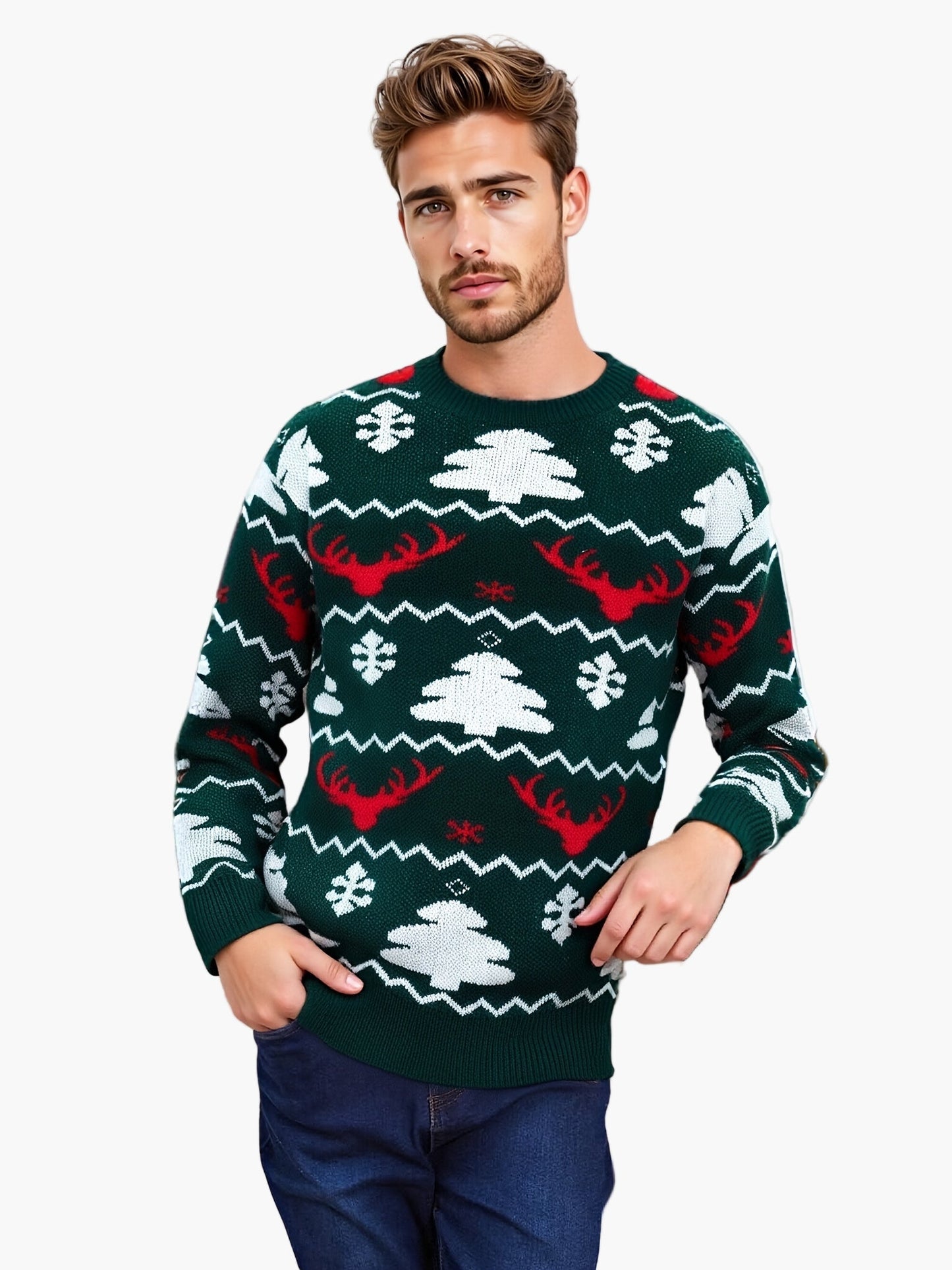 Men's Christmas Sweater with Reindeer and Christmas Tree Pattern – Perfect for Festive Occasions, Casual Party Style