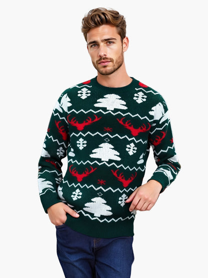Men's Christmas Sweater with Reindeer and Christmas Tree Pattern – Perfect for Festive Occasions, Casual Party Style