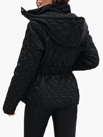 Women's quilted jacket with belt and hood – Elegant winter jacket for everyday and office use