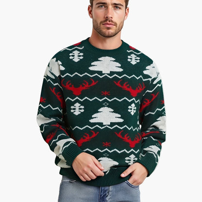 Men's Christmas Sweater with Reindeer and Christmas Tree Pattern – Perfect for Festive Occasions, Casual Party Style
