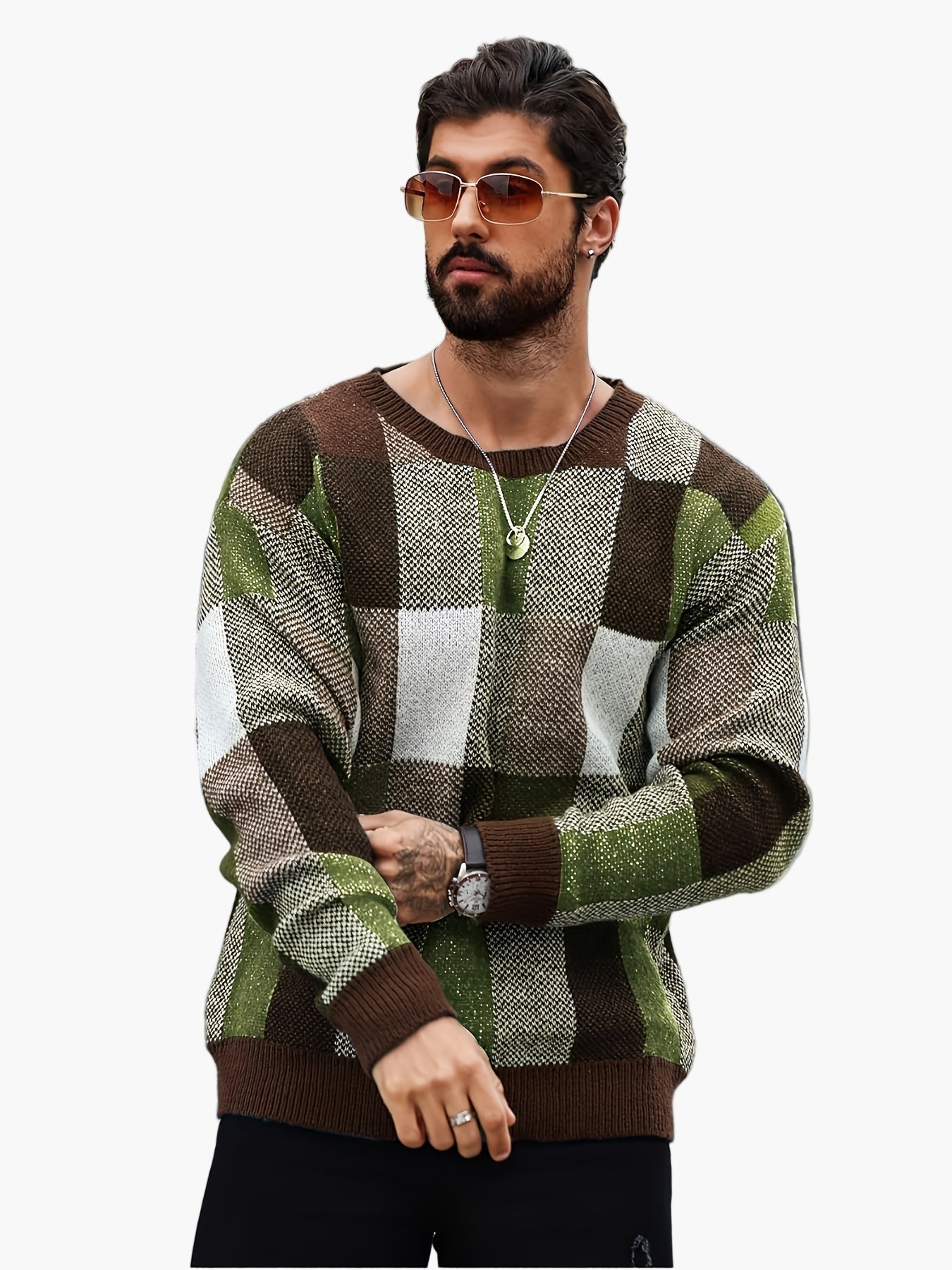 Men's Plaid Knit Sweater in Casual Style for Autumn and Winter