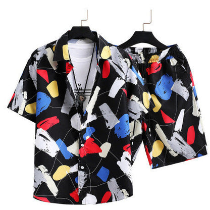 Herren Sommer Freizeit Zweiteiler mit Abstraktem Print – Modisches Kurzarmhemd & Shorts Set für Urlaub und Alltag