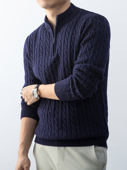 Men's knitted sweater with cable pattern and stand-up collar – fashionable casual style for autumn and winter
