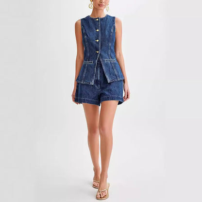 Damen Zweiteiler Jeansweste und High-Waist Shorts Set – Modisches Streetwear Outfit für Freizeit & Sommer