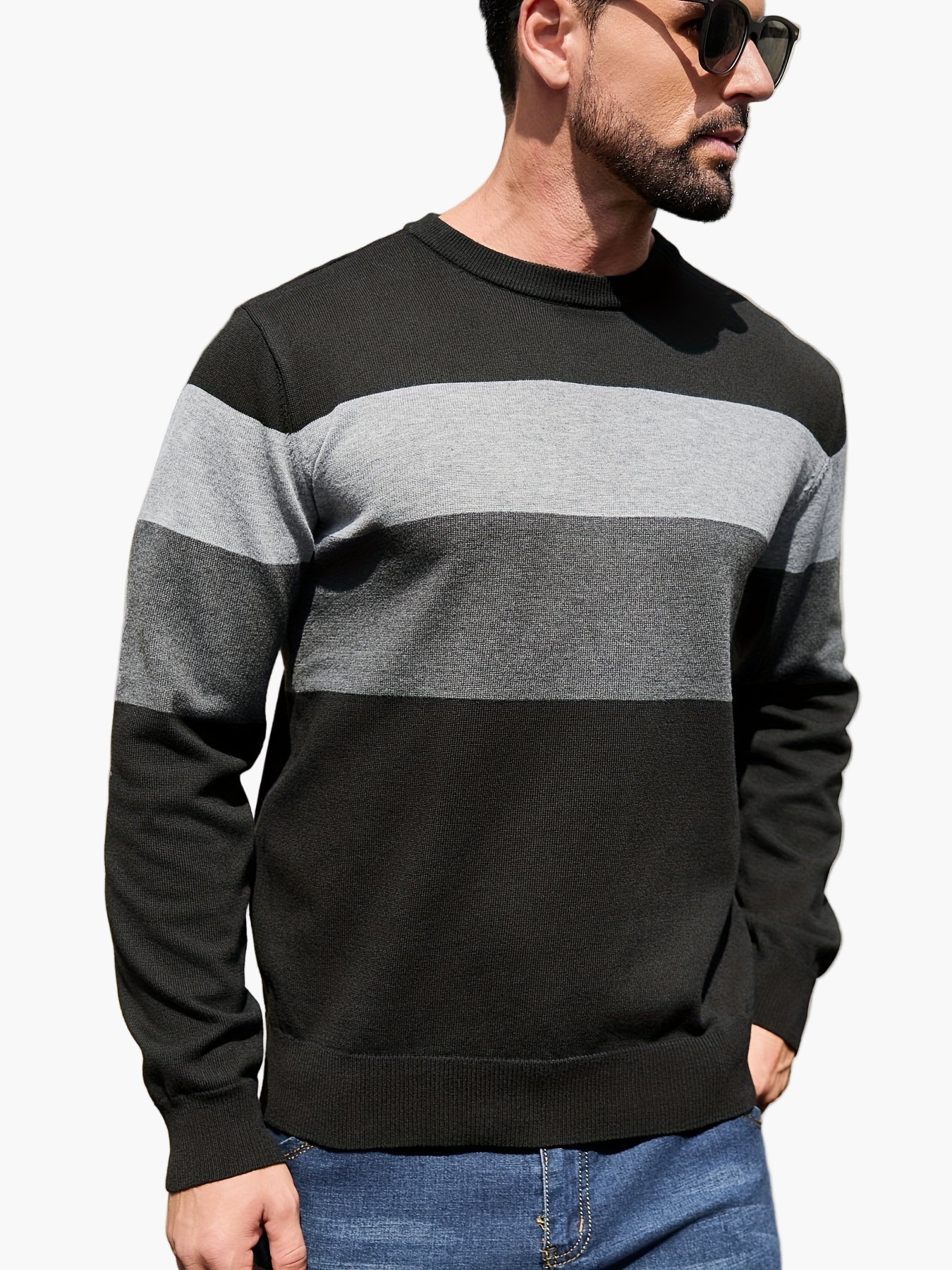 Men's Sweater with Block Stripes and Crew Neck – Modern Casual Look for Autumn and Winter