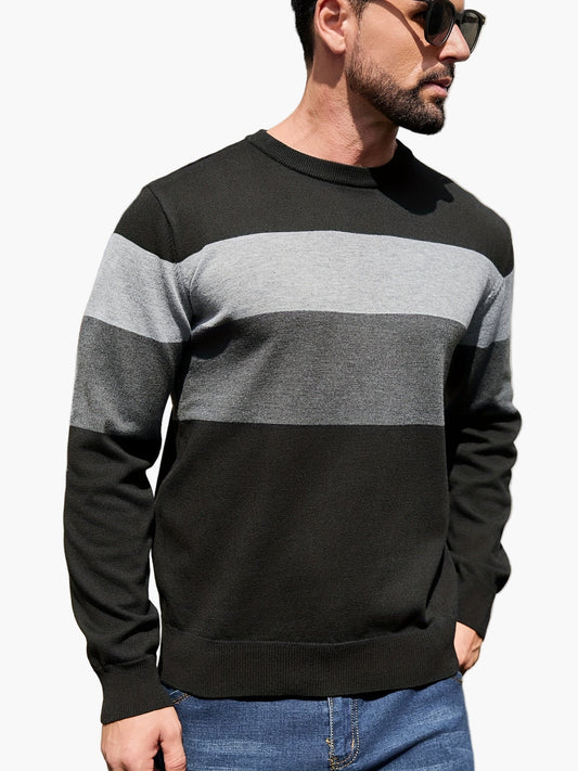Men's Sweater with Block Stripes and Crew Neck – Modern Casual Look for Autumn and Winter
