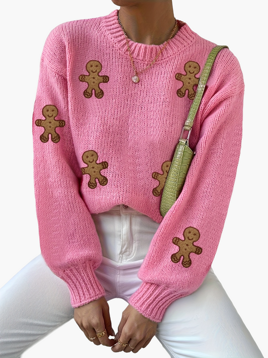 Damen Pullover mit Lebkuchenmann-Motiv – Verspielter Strickpulli für Herbst und Winter, modisches Highlight