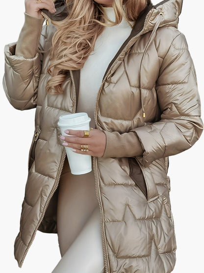 Women's Elegant Quilted Coat with Hood – Warm Long Winter Coat for Everyday & Special Occasions