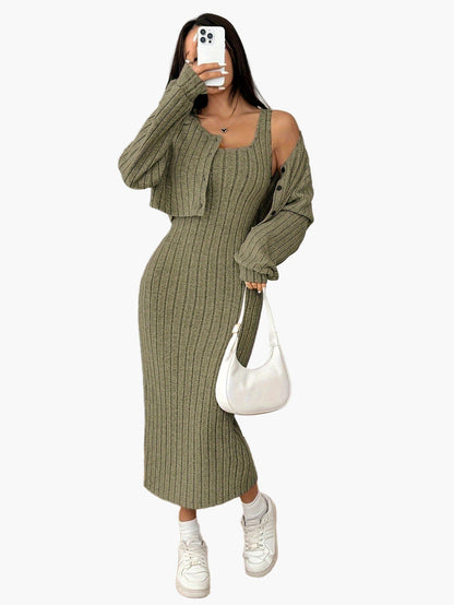 Women's Knit Two-Piece Set Elegant with Button Placket – Cardigan and Midi Dress, Perfect for Everyday and Office