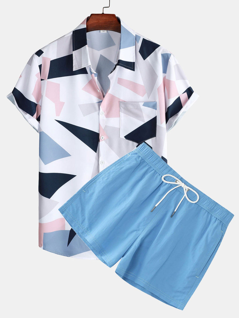 Herren Sommer Freizeit Zweiteiler mit Abstraktem Print – Modisches Kurzarmhemd & Shorts Set für Urlaub und Alltag