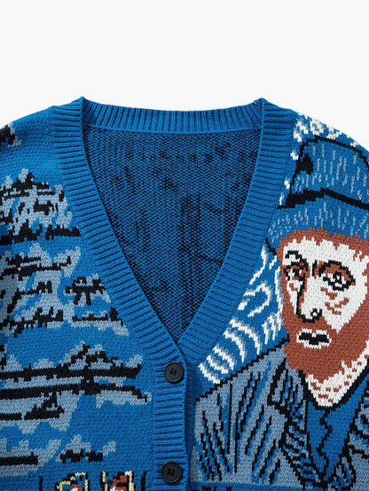 Men's knitted cardigan in art style with Van Gogh motif – Casual cardigan for autumn and winter