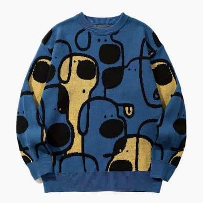 Men's Sweater with Abstract Dog Pattern, Casual Streetwear Style for Autumn and Winter