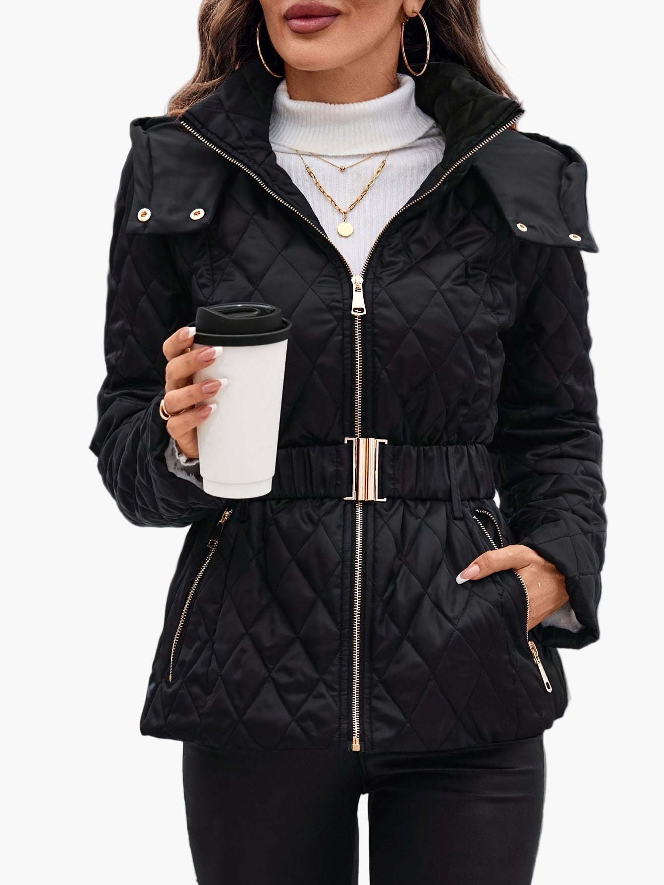 Women's quilted jacket with belt and hood – Elegant winter jacket for everyday and office use