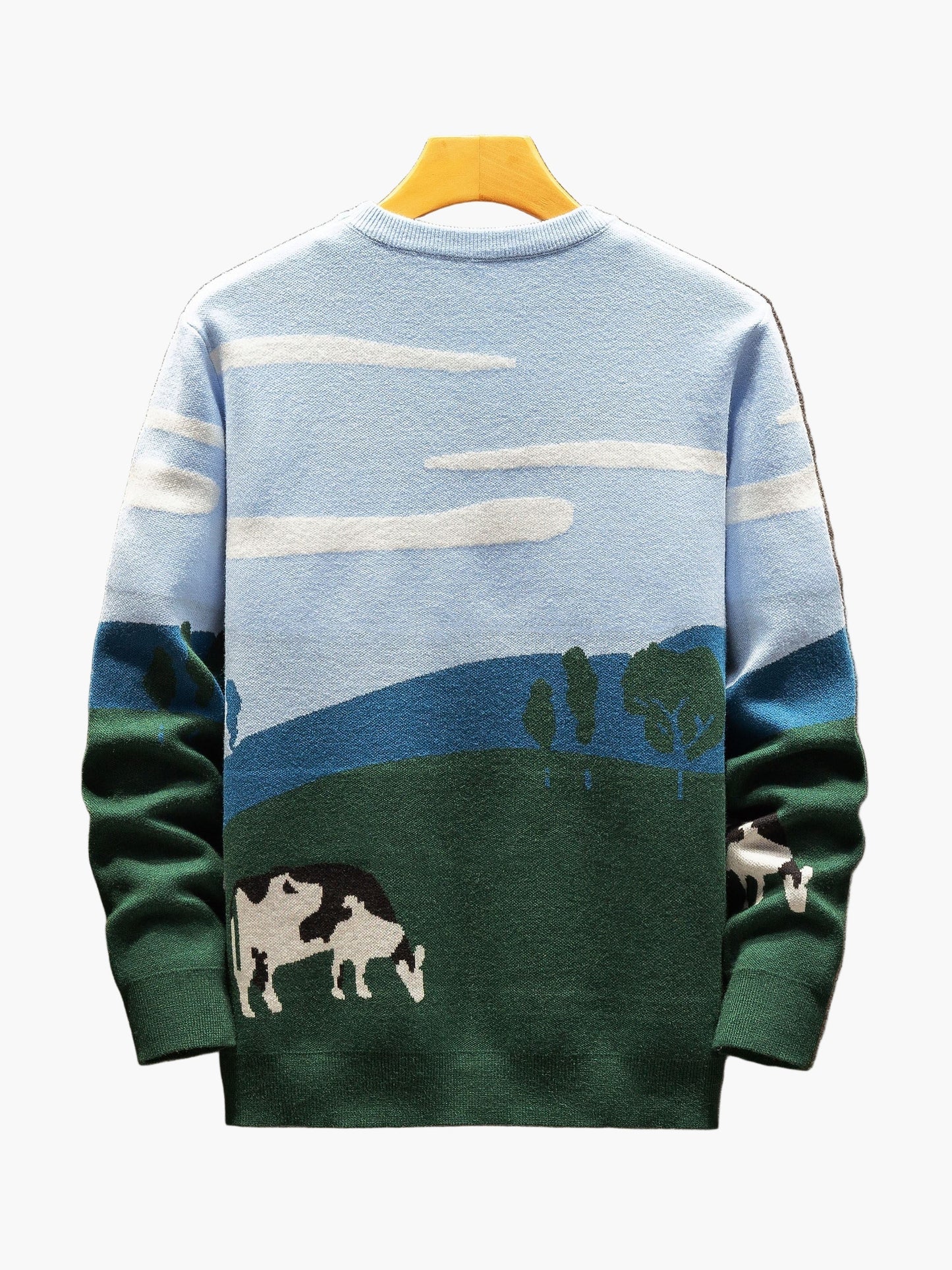 Men's Sweater with Landscape and Cow Motif – Casual Knit Sweater for Autumn and Winter