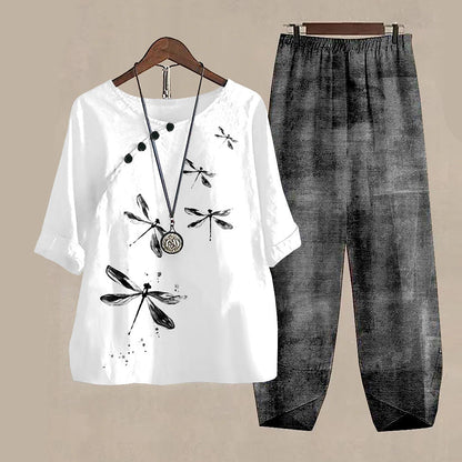Damen Freizeit Set im Japanischen Stil mit Libellen-Print – Zweiteiler, Bequem für Alltag & Reisen