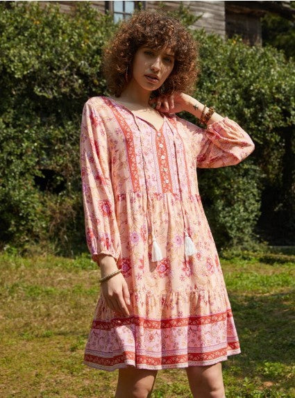 Rose – Boho Druck Knopf V-Ausschnitt Langarm Fransen Kleid