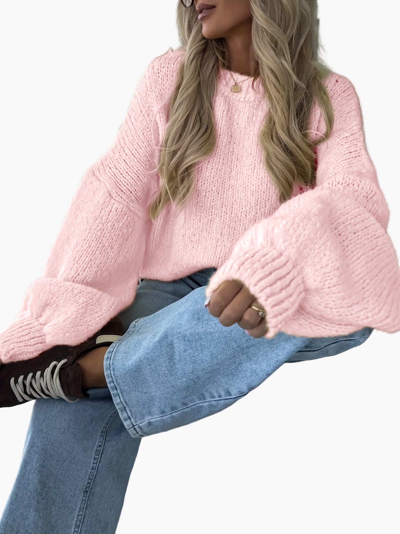 Damen Strickpullover mit Ballonärmeln und lockerem Schnitt – Modischer Freizeitlook für Herbst & Winter