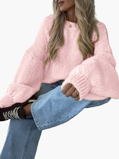 Damen Strickpullover mit Ballonärmeln und lockerem Schnitt – Modischer Freizeitlook für Herbst & Winter