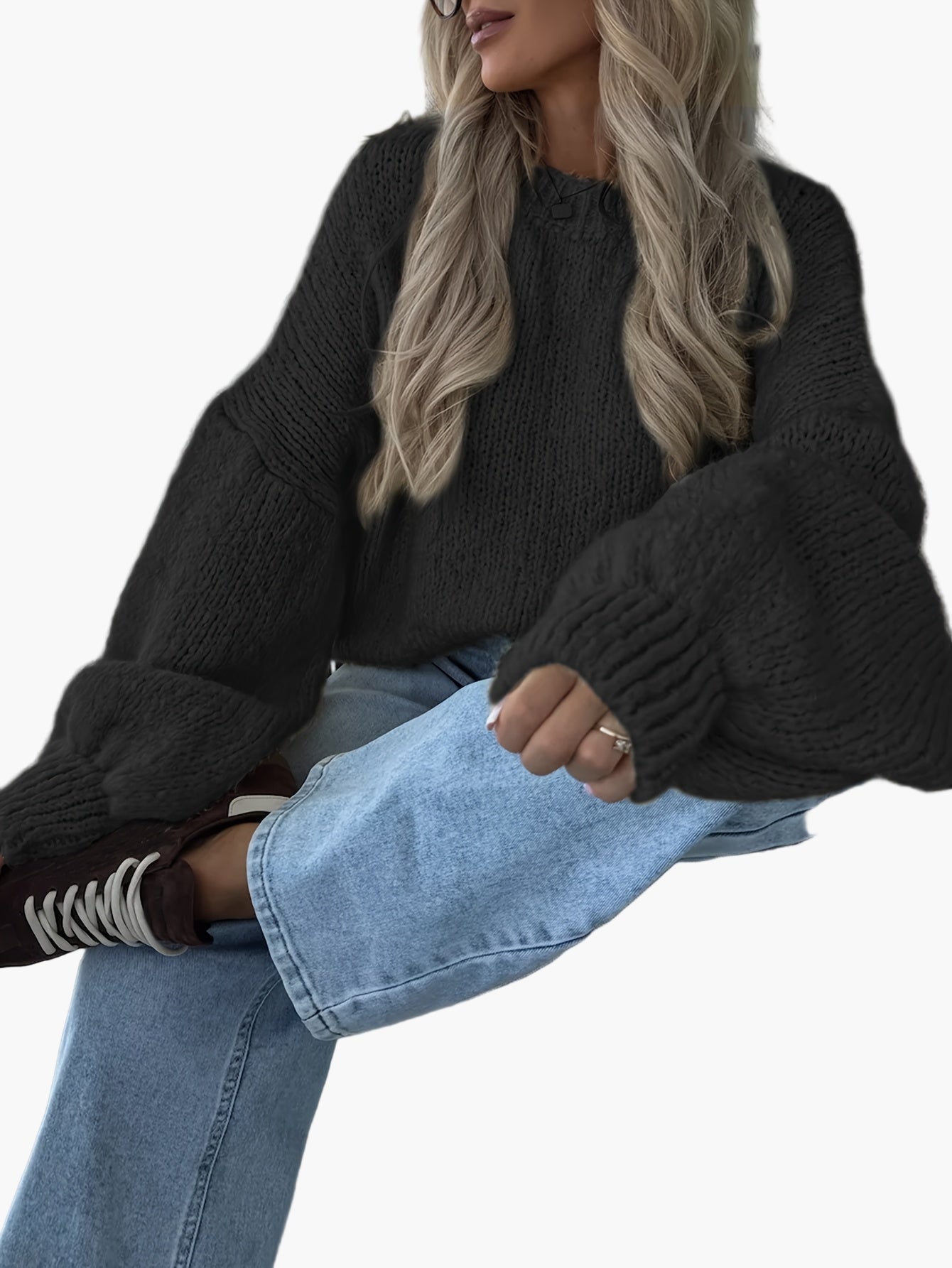 Damen Strickpullover mit Ballonärmeln und lockerem Schnitt – Modischer Freizeitlook für Herbst & Winter
