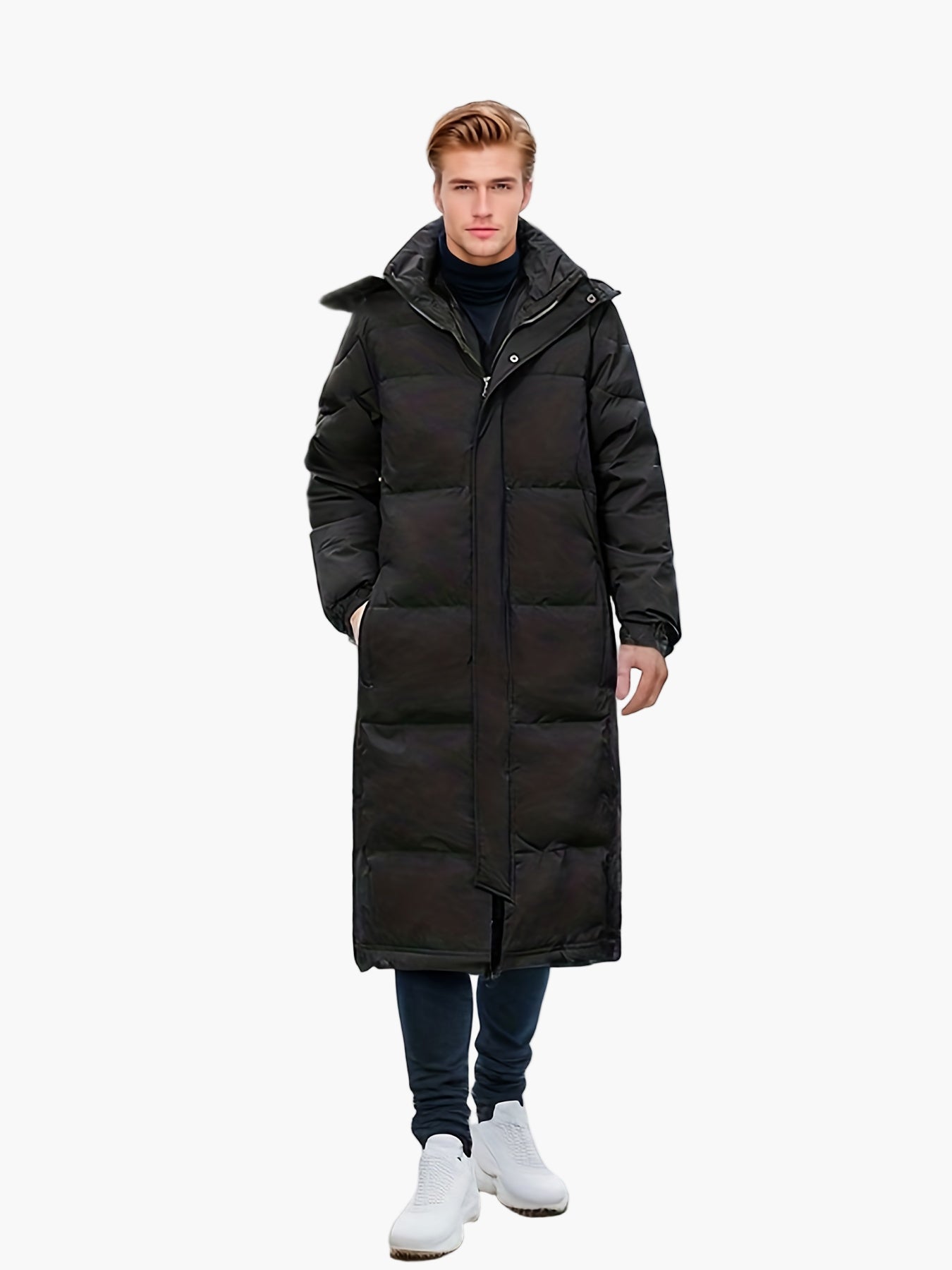 Men's Winter Quilted Long Coat Casual with Hood and Pockets – Perfect for Outdoor & Everyday Use