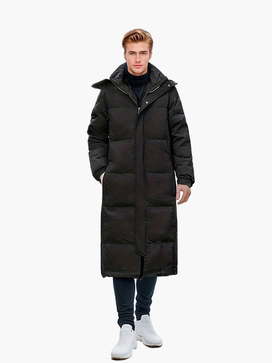Men's Winter Quilted Long Coat Casual with Hood and Pockets – Perfect for Outdoor & Everyday Use