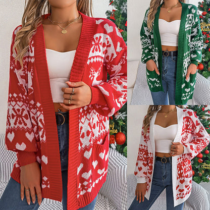 Katie – Offene Strickjacke mit Laternenärmeln und Weihnachtsmotiv
