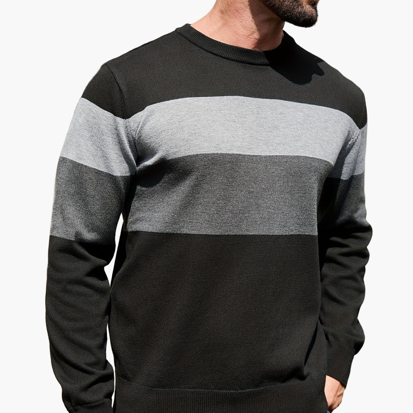 Men's Sweater with Block Stripes and Crew Neck – Modern Casual Look for Autumn and Winter