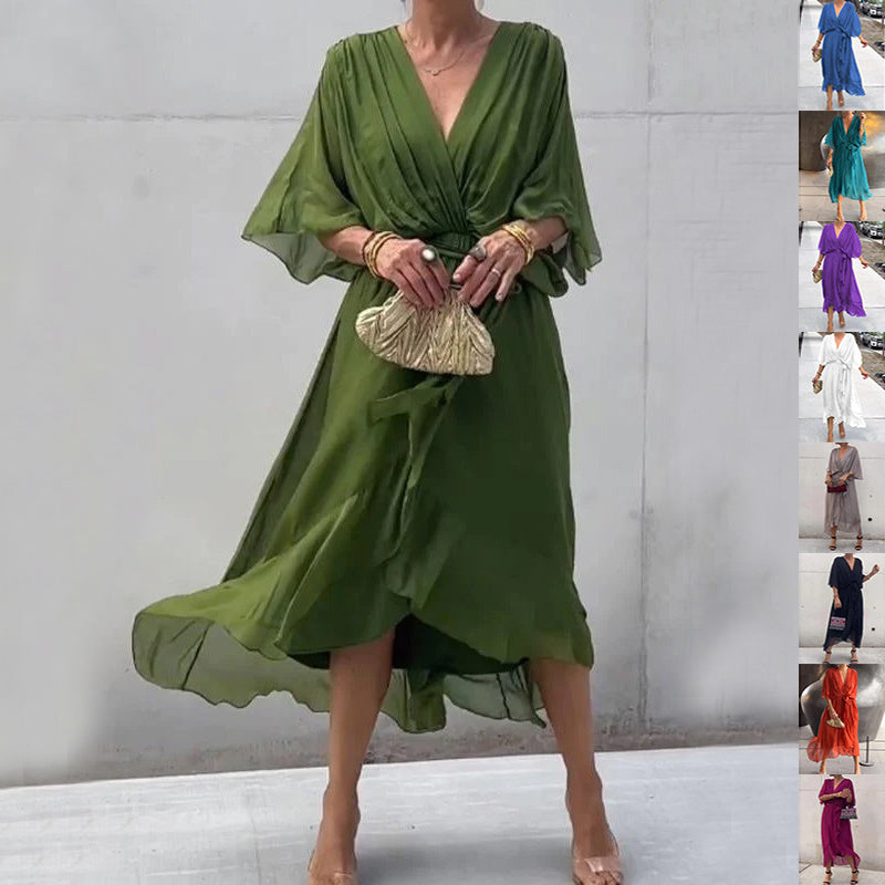 Chelsea – V-Ausschnitt Sommerkleid mit Batwing-Ärmeln in einfarbigem Design