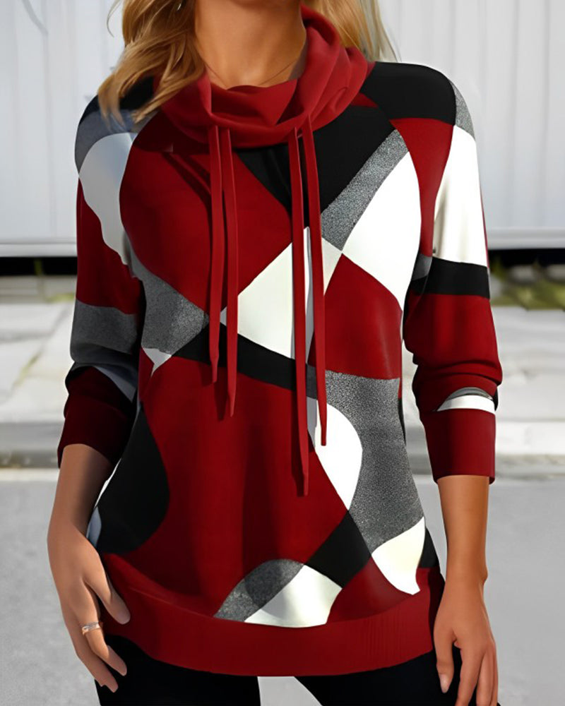 Women's sweater with geometric pattern and drawstring – fashionable casual hoodie for everyday and office use