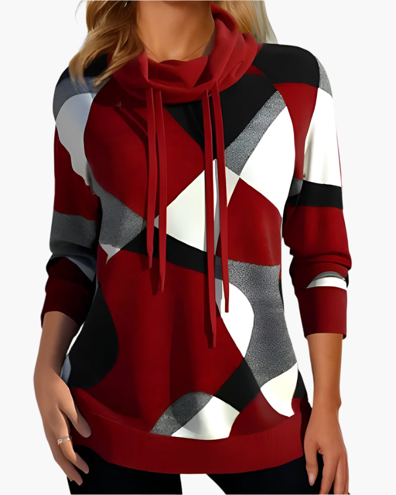Women's sweater with geometric pattern and drawstring – fashionable casual hoodie for everyday and office use