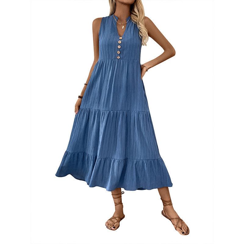 Susan – Faltenfreies, einfarbiges, ärmelloses Kleid mit Stehkragen